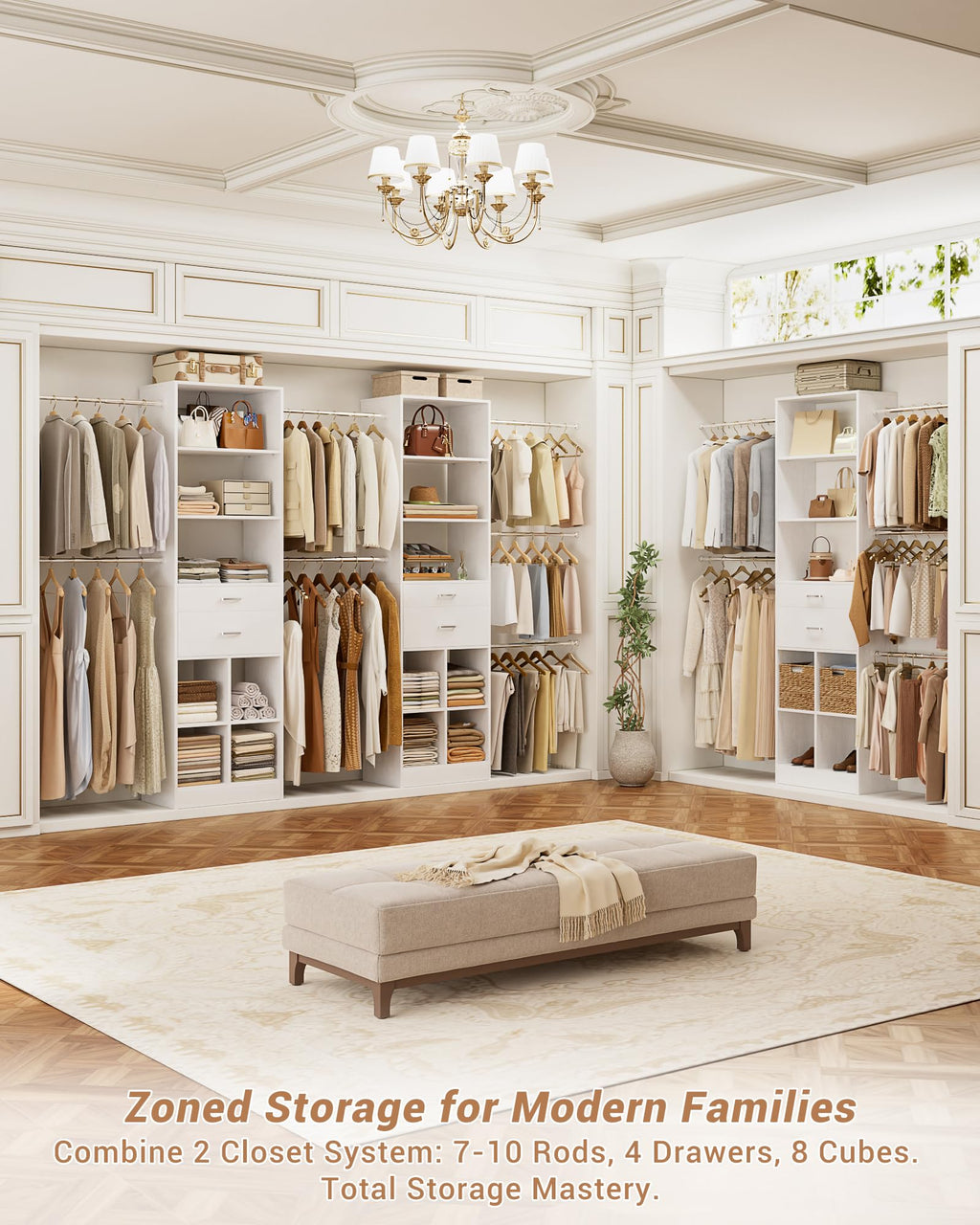 Small Closet System with 2 Wooden Drawers & 5 Hanging Rods, White O81082