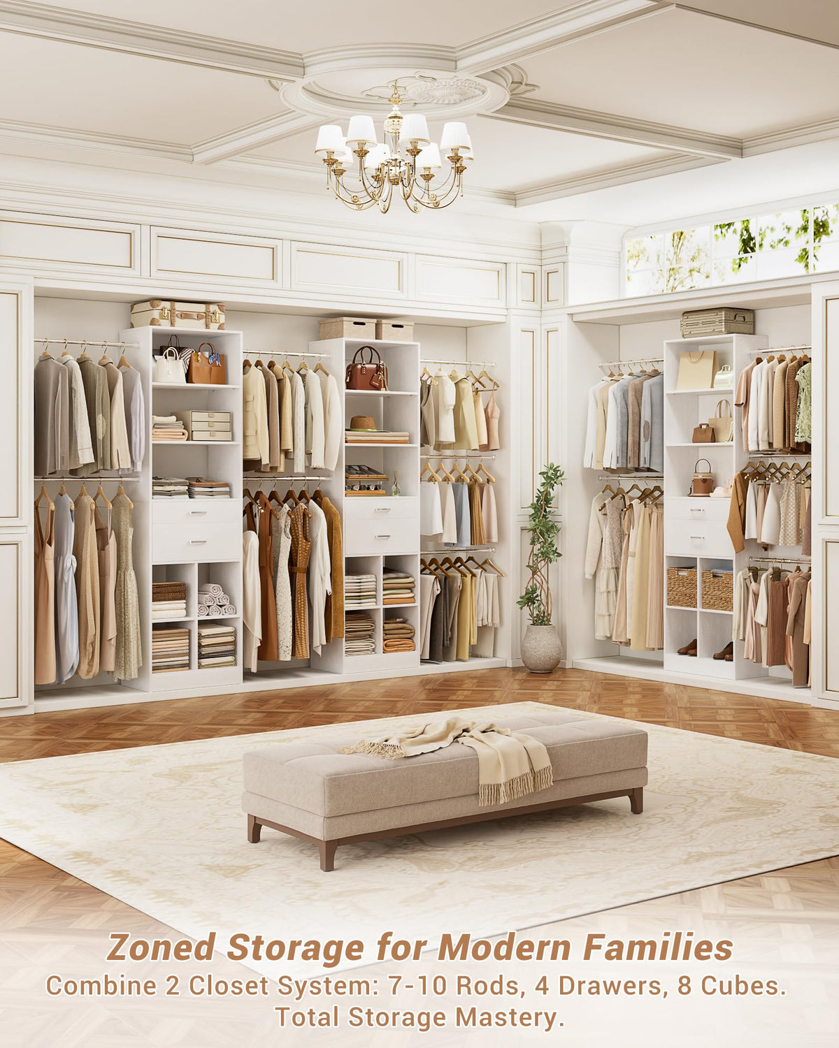 Small Closet System with 2 Wooden Drawers & 5 Hanging Rods, White O81082
