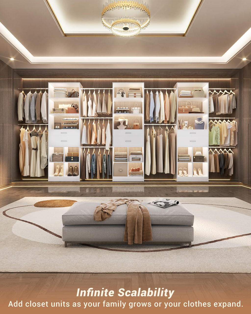 Small Closet System with 2 Wooden Drawers & 5 Hanging Rods, White O81082