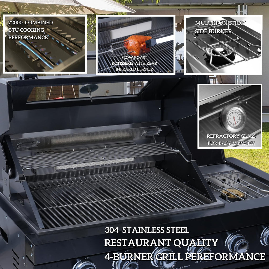 98 Inches 4-Burner Propane Stainless Steel Outdoor Kitchen Island with Refrigerator and Sink D107076