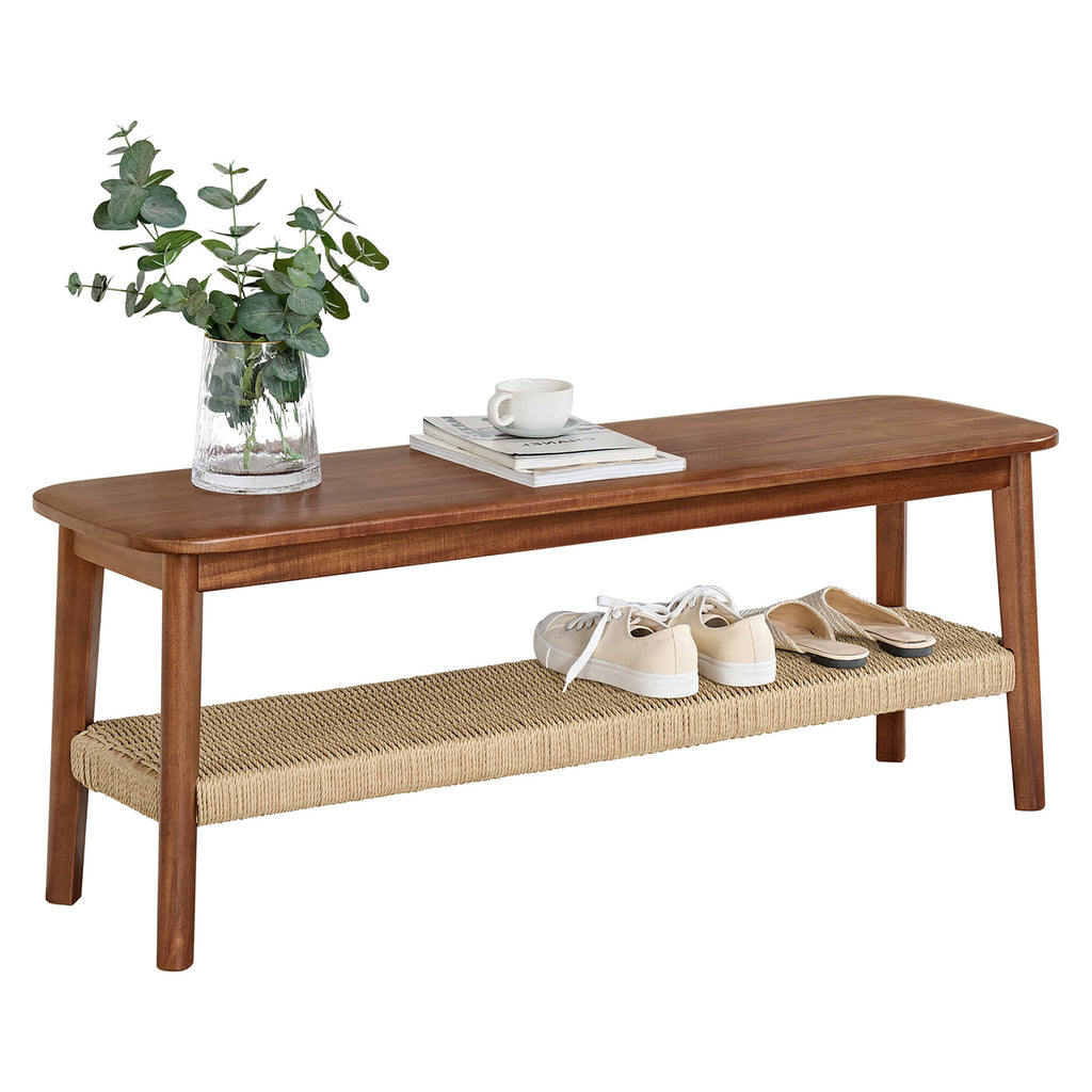 Solid Wood Entryway Bench with Woven Storage Shelf, Chestnut, 48” V7821