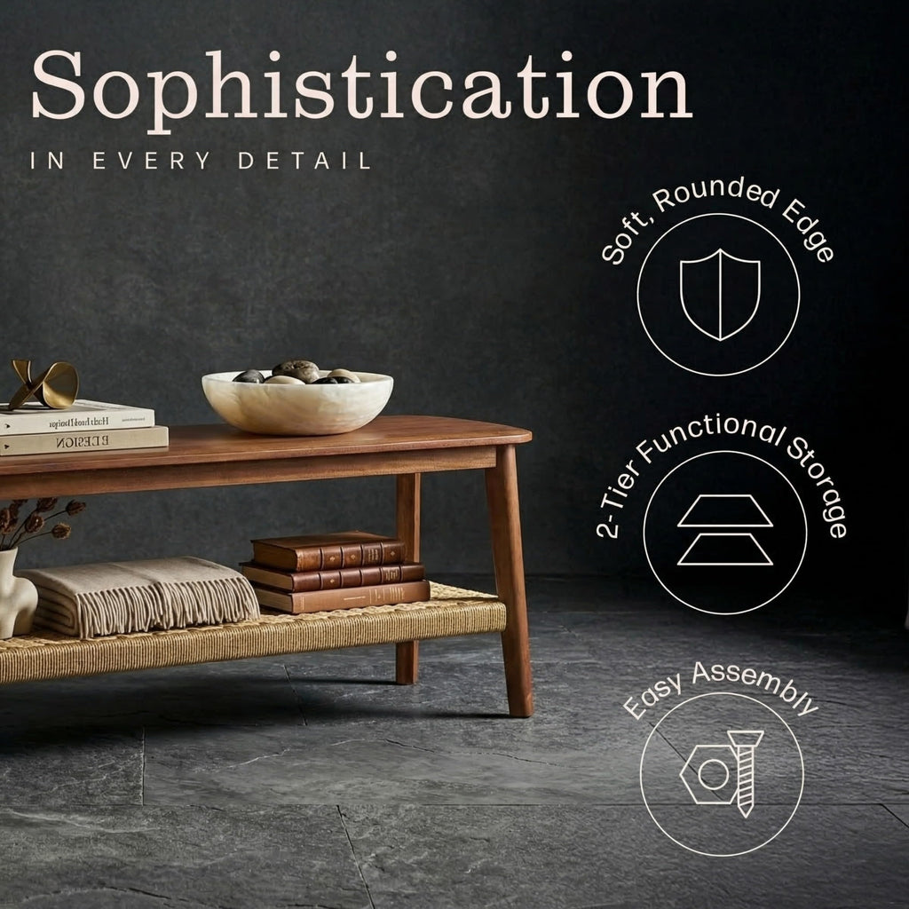 Solid Wood Entryway Bench with Woven Storage Shelf, Chestnut, 48” V7821