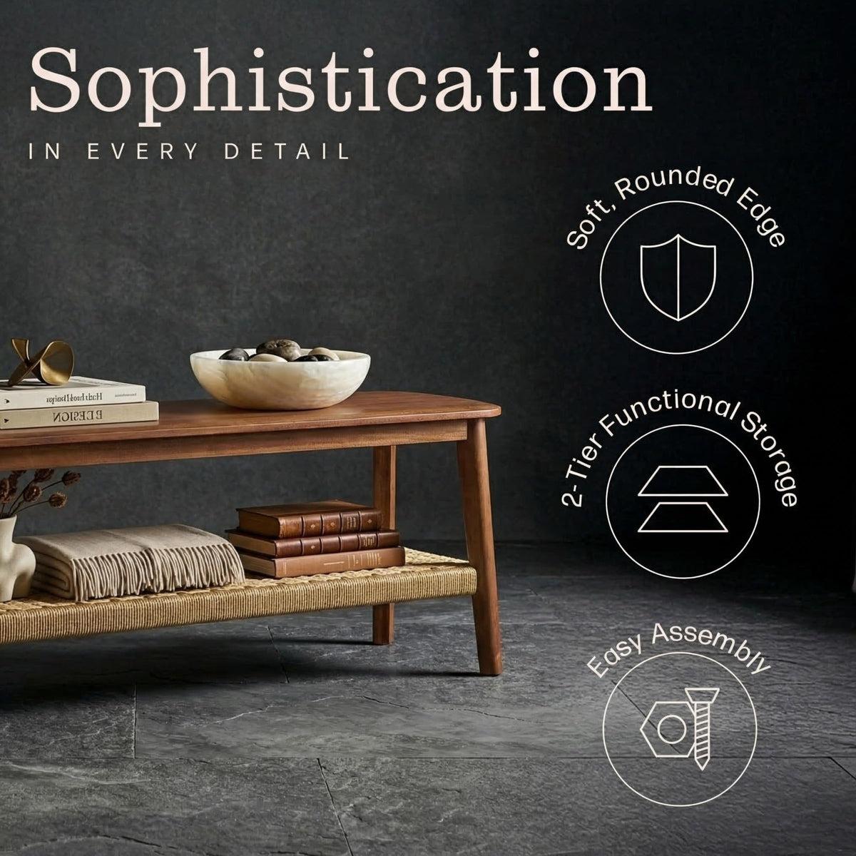 Solid Wood Entryway Bench with Woven Storage Shelf, Chestnut, 48” V7821