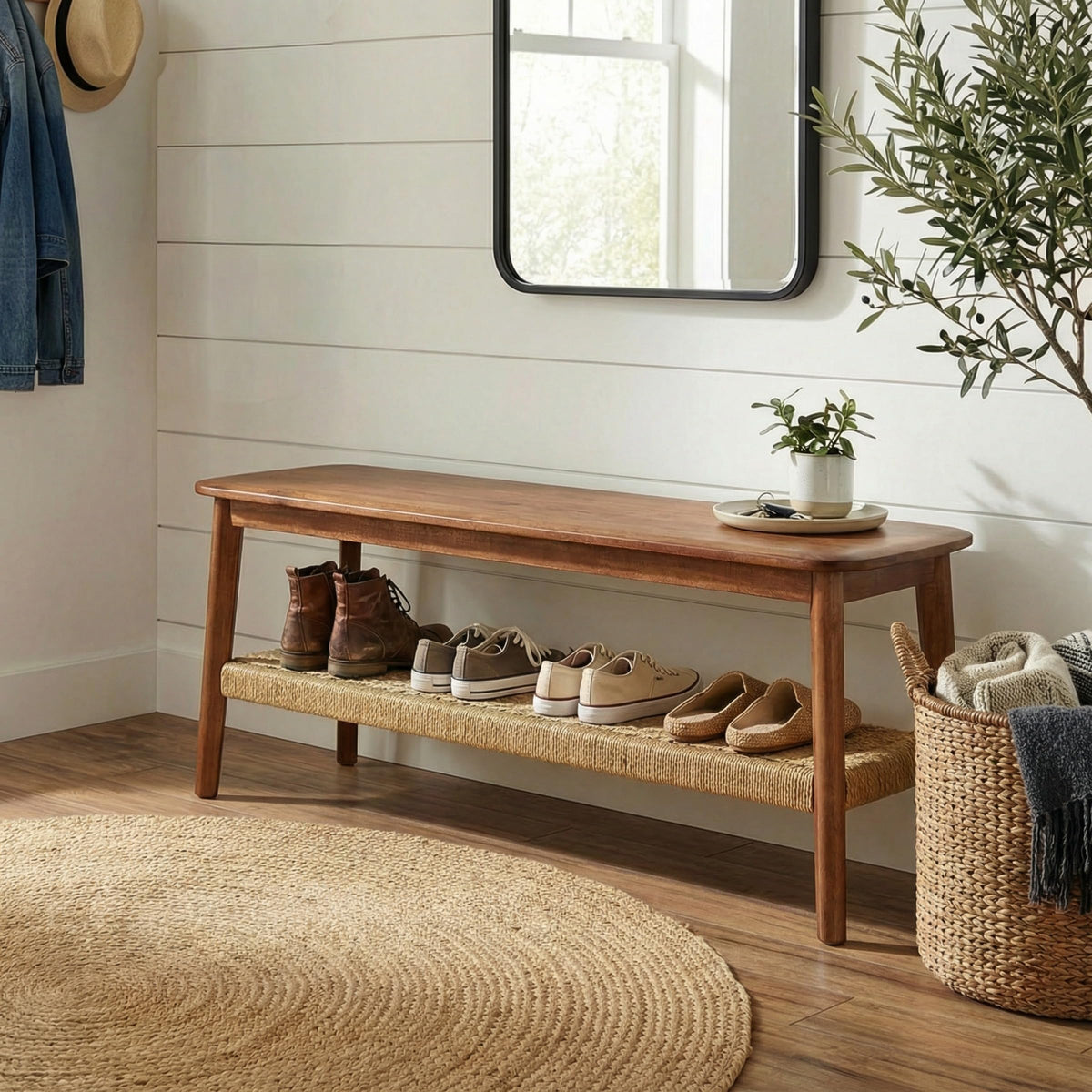 Solid Wood Entryway Bench with Woven Storage Shelf, Chestnut, 48” V7821