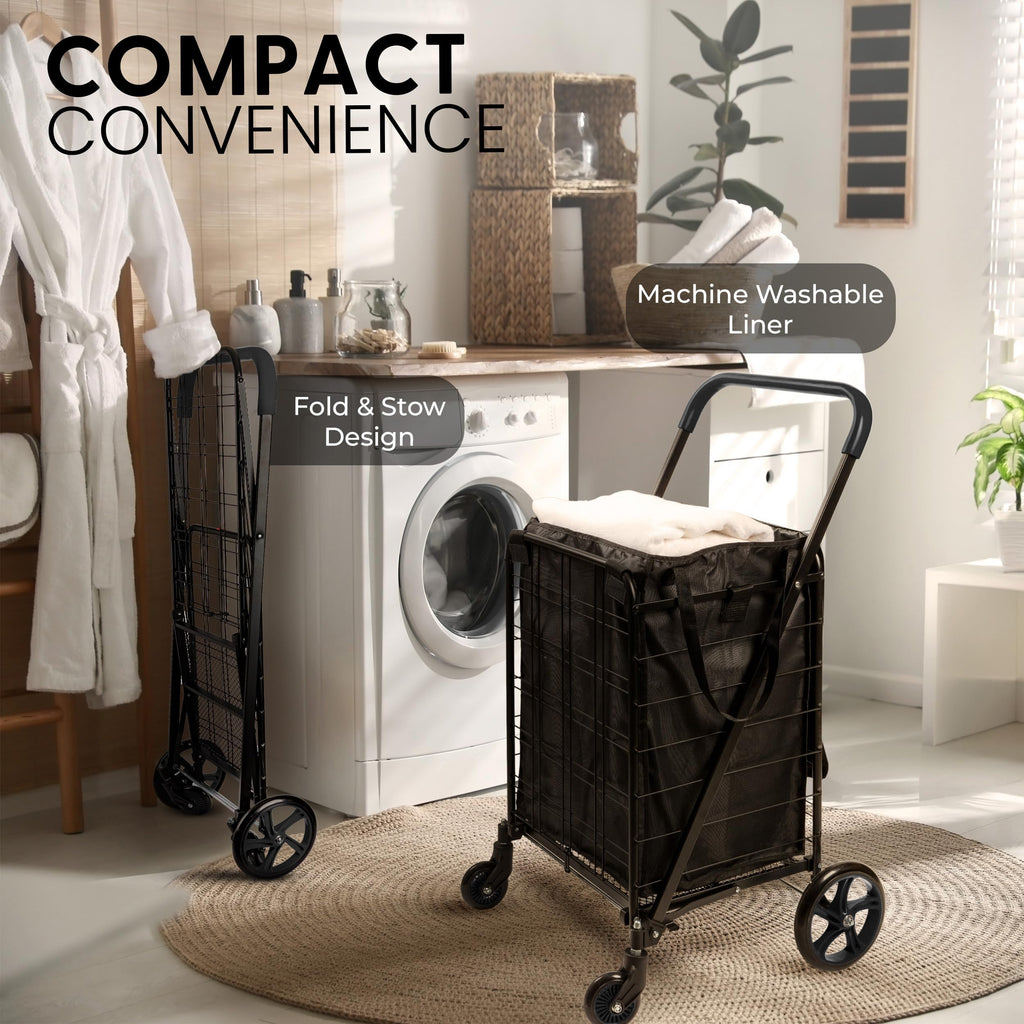 Large Folding Utility Shopping Cart with Removable Liner, 110 lb Capacity, Black K448