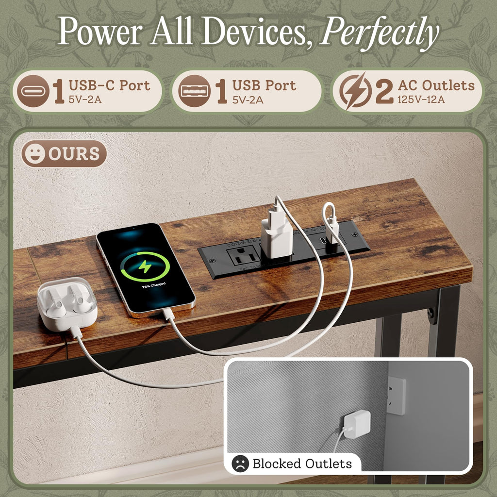 110.2 Inch Narrow Sofa Table with Power Outlets and USB-C Ports Y914