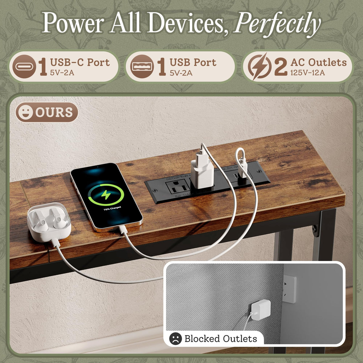 110.2 Inch Narrow Sofa Table with Power Outlets and USB-C Ports Y914